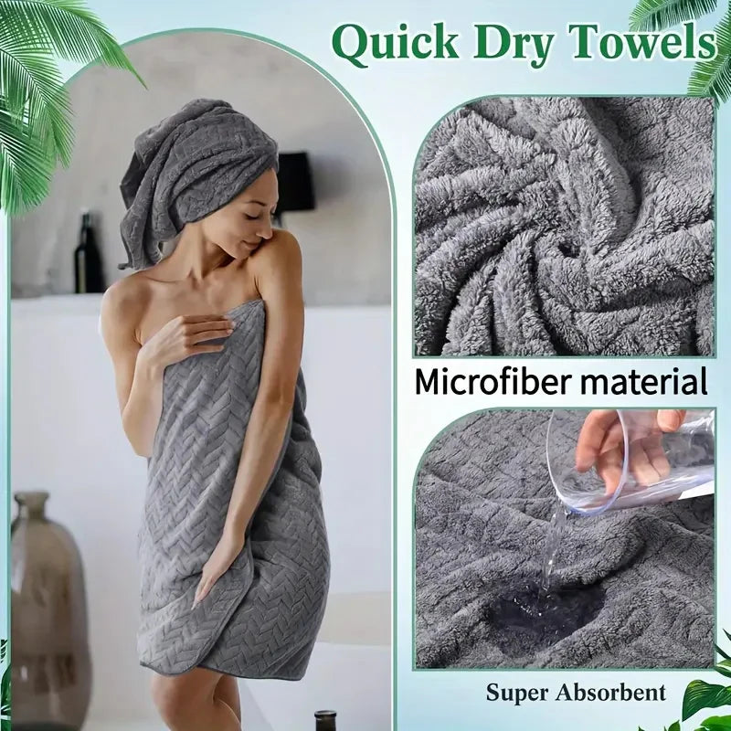 A woman is using a gray microfiber quick dry towel, highlighting its absorbency and softness.