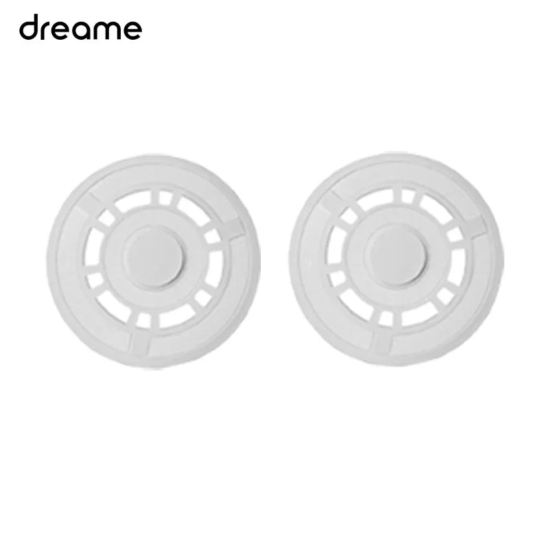 A pair of white replacement parts for a Dreame robot vacuum, showing circular components.