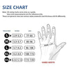 Size chart showing glove sizes S through XXL with corresponding inch and millimeter measurements and a hand width reference.