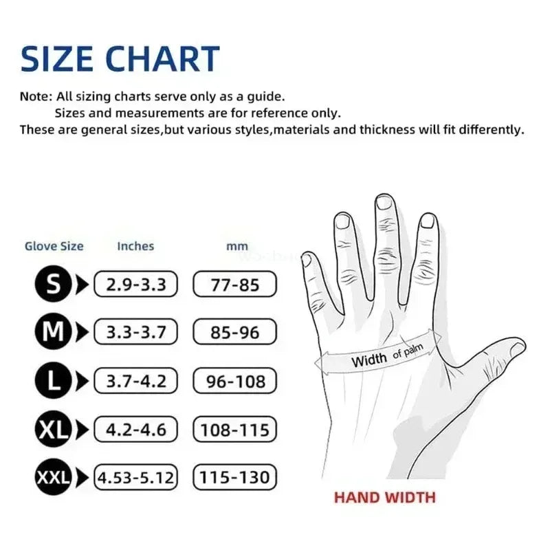 Size chart showing glove sizes S through XXL with corresponding inch and millimeter measurements and a hand width reference.