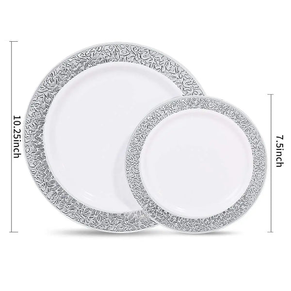 A set of two white disposable party plates with a silver lace detail border.
