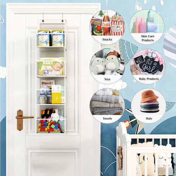 White over-the-door fabric storage organizer with multiple pockets for baby and snack items