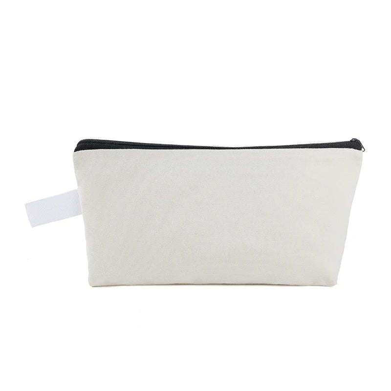 A small, rectangular, light beige zippered pouch for storing cosmetics or stationery.