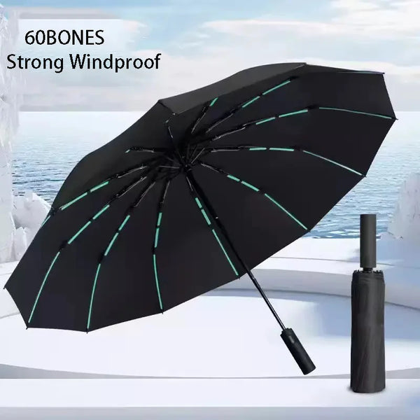 Black 60BONES strong windproof umbrella open against a bright sky backdrop