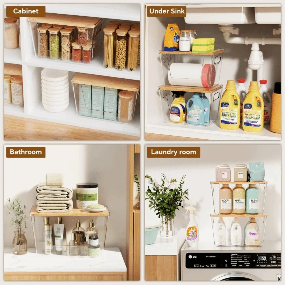 A set of stackable pantry organizers featuring bamboo lids and clear PET construction for food storage.