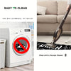 A white washing machine is shown next to a vacuum cleaner, with text advising hand wash and not machine wash.
