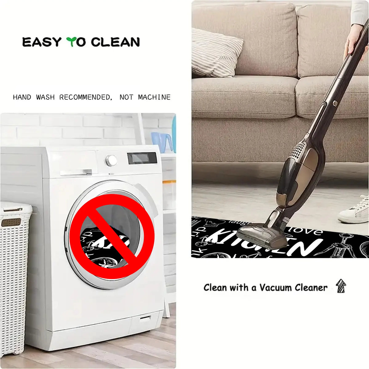 A white washing machine is shown next to a vacuum cleaner, with text advising hand wash and not machine wash.