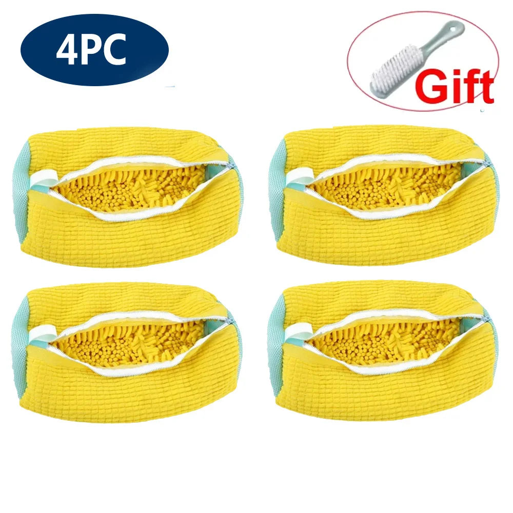 Four reusable yellow shoe cleaning bags with white trim shown in various angles.