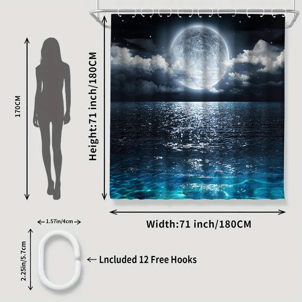 A dark blue shower curtain featuring a glowing planet above a reflective ocean surface with 12 included hooks.