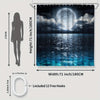 A dark blue shower curtain featuring a glowing planet above a reflective ocean surface with 12 included hooks.