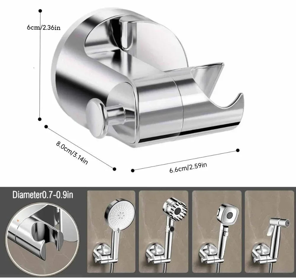 Silver No-Drill Adjustable Suction Cup Shower Head Holder with various sizes shown.