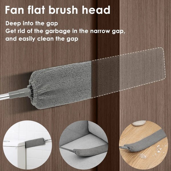 A fan flat brush head duster with a retractable microfiber shaft shown alongside close-ups of its cleaning function.