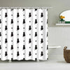 White shower curtain featuring a repeating pattern of black cartoon cats.
