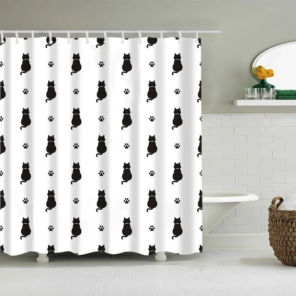 White shower curtain featuring a repeating pattern of black cartoon cats.