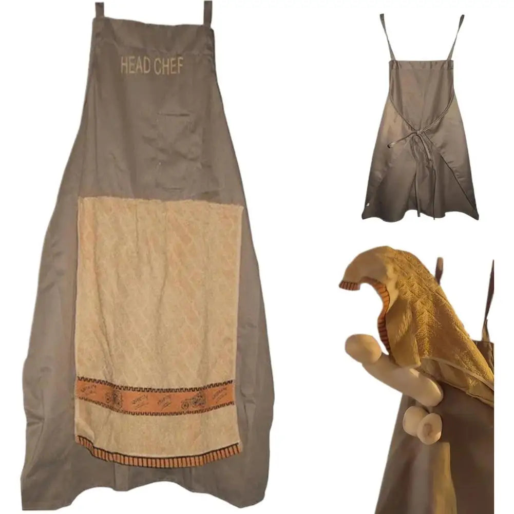 A gray chef apron with a beige fabric insert and a yellow chef hat.