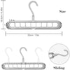 A silver space-saving clothes organizer hanger with a hook and nine holes for hanging clothes.