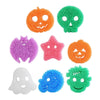 A collection of eight silicone Halloween-themed sponges in orange, green, purple, pink, white, and blue.