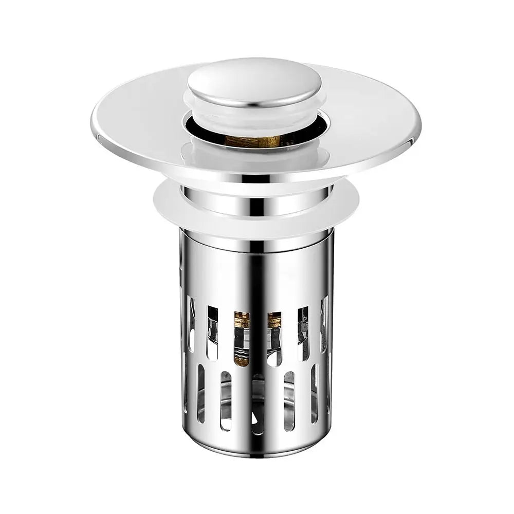A shiny silver brass sink drain strainer with a removable filter and cap.
