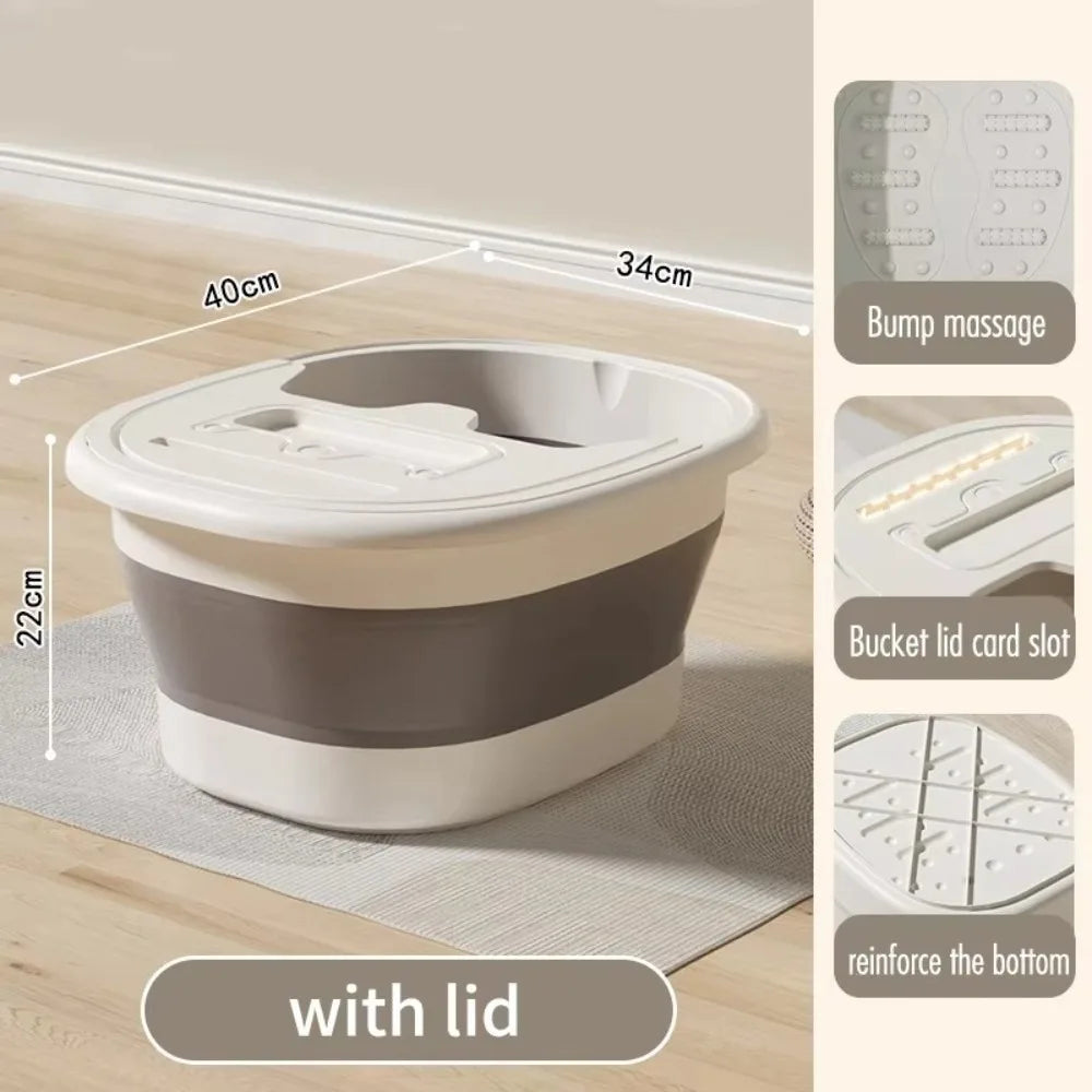 A white portable foot bath tub with a lid and reinforced bottom shown on a wooden floor.