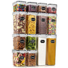 A set of five clear food storage containers filled with various dried fruits nuts grains and pasta ingredients