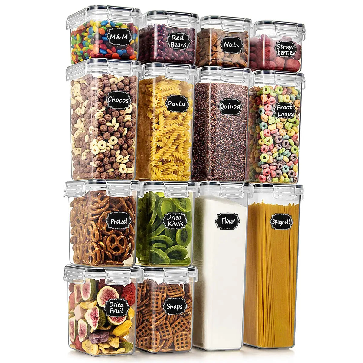 A set of five clear food storage containers filled with various dried fruits nuts grains and pasta ingredients