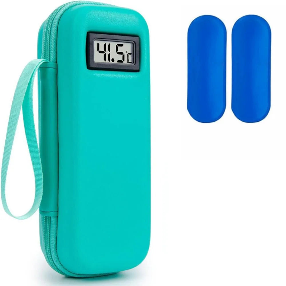 Türkis-Insulin-Kühltasche mit digitaler Temperaturanzeige (41,5°C) und zwei blauen Gelpacks.