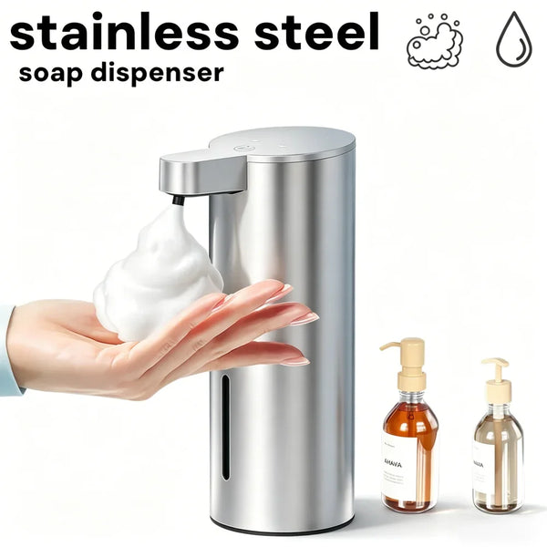 A hand dispenses foam soap into a stainless steel touchless automatic soap dispenser.