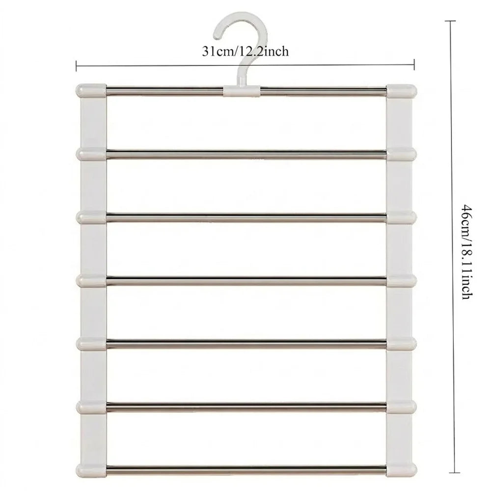 A white multi-layer pants hanger with non-slip clips and a hanging loop.