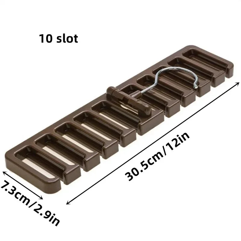 A brown multi-slot hanging belt and tie organizer with 10 slots, measuring 30.5cm long.