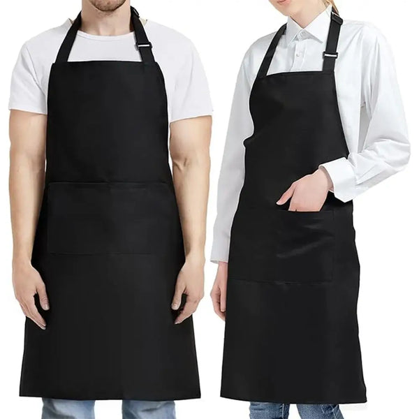 A person wearing a black water-resistant bib apron over a white shirt.