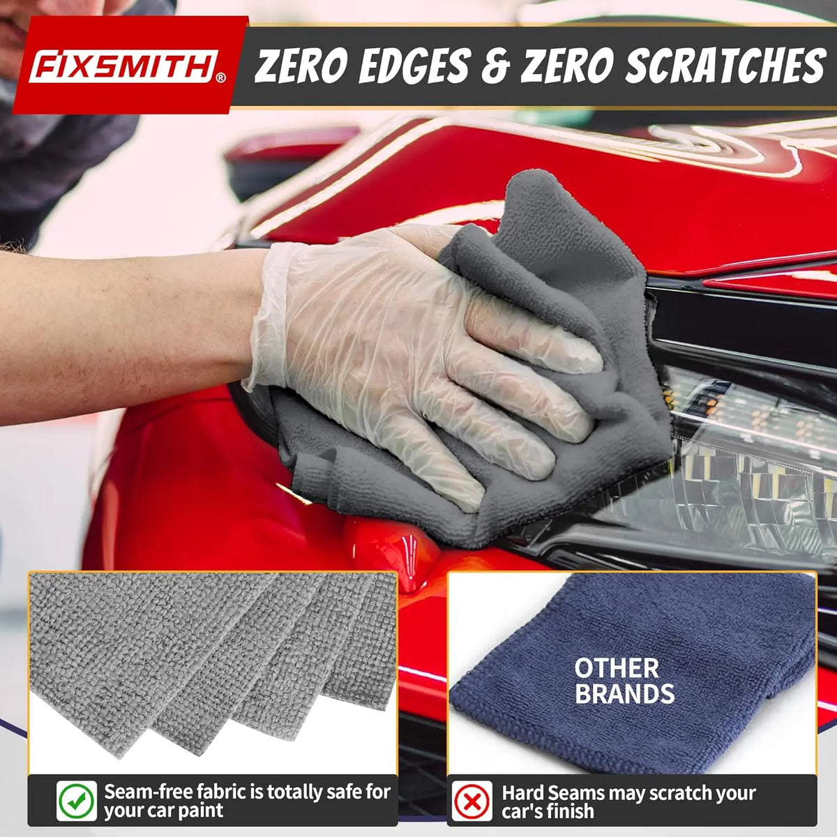 A hand wearing a glove is cleaning a red car surface with a gray microfiber cloth, demonstrating zero edges and scratches.