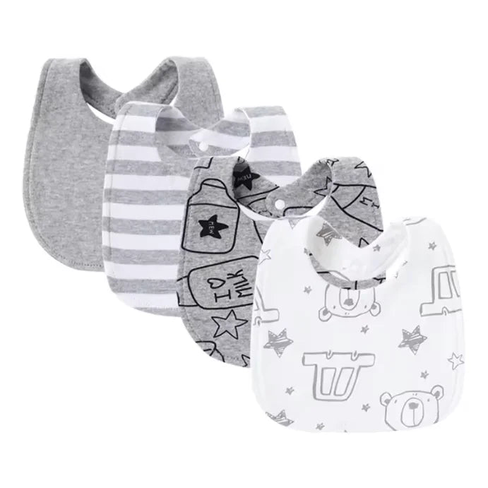 A pack of four soft cotton baby bibs featuring various cute prints and striped patterns.