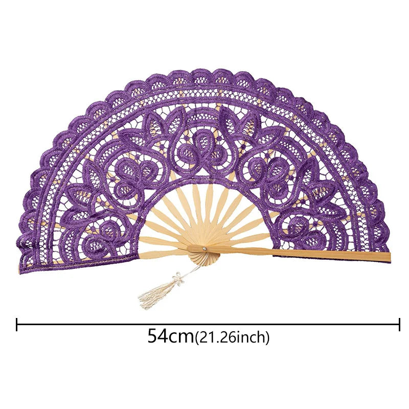 Purple lace folding handheld fan with a sunburst design