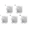 A set of silver oxford washing machine covers in sizes S, M, L, and XL, shown side by side.