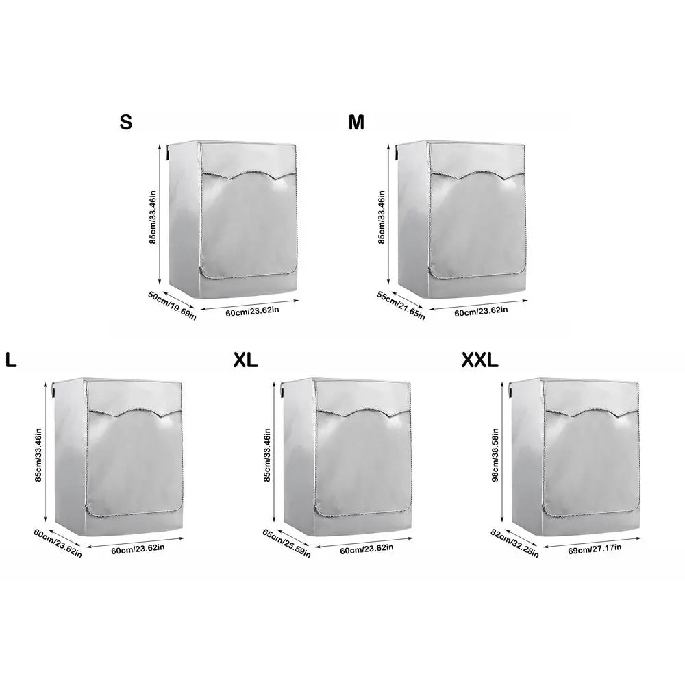 A set of silver oxford washing machine covers in sizes S, M, L, and XL, shown side by side.