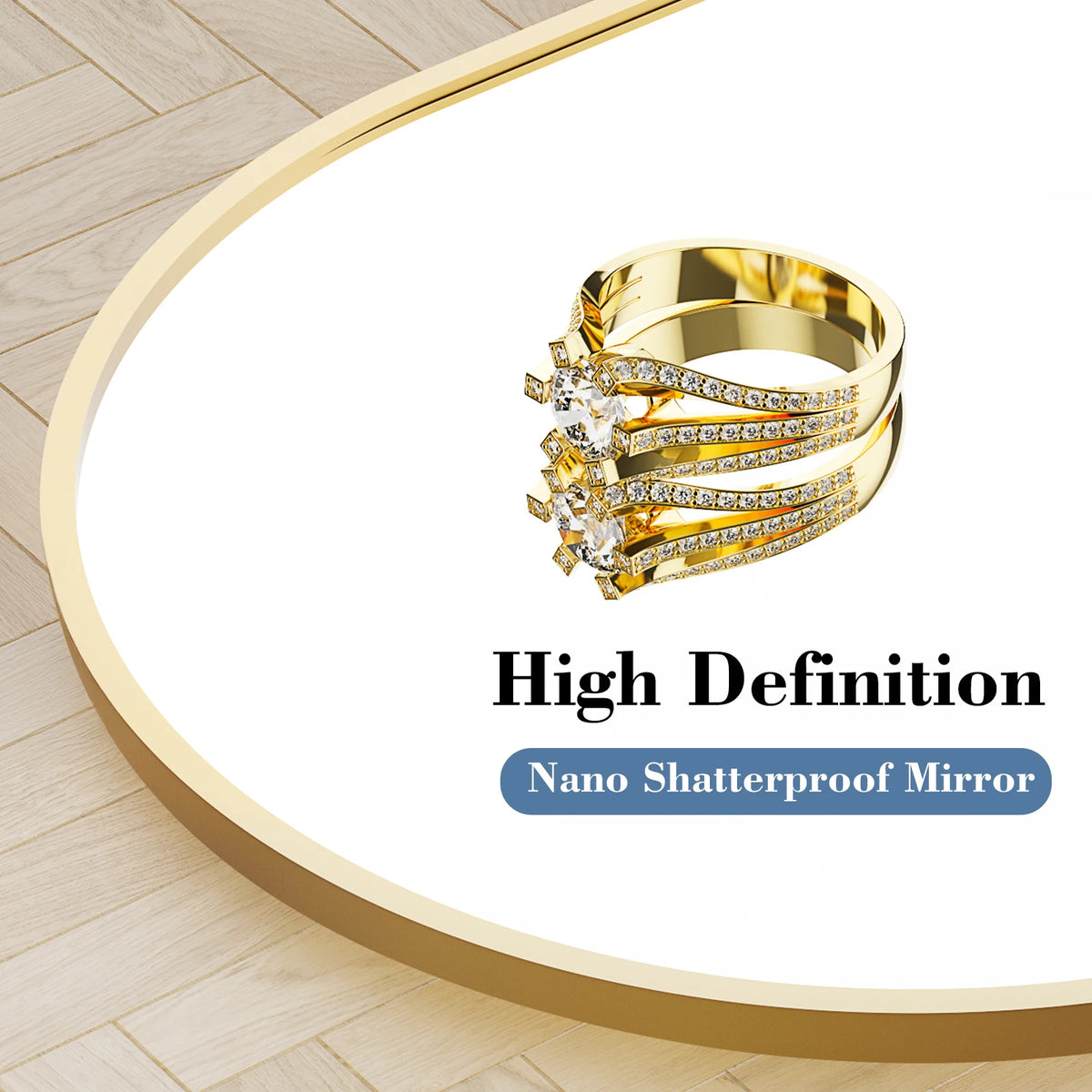 Nahaufnahme eines goldfarbenen Rings mit Diamantakzenten auf weißem Hintergrund.