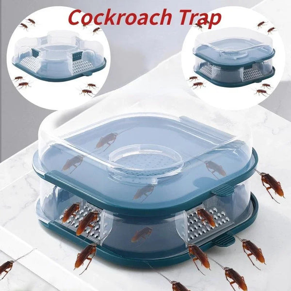 A clear plastic reusable cockroach trap with a blue lid and mesh bottom, showing several dead insects.