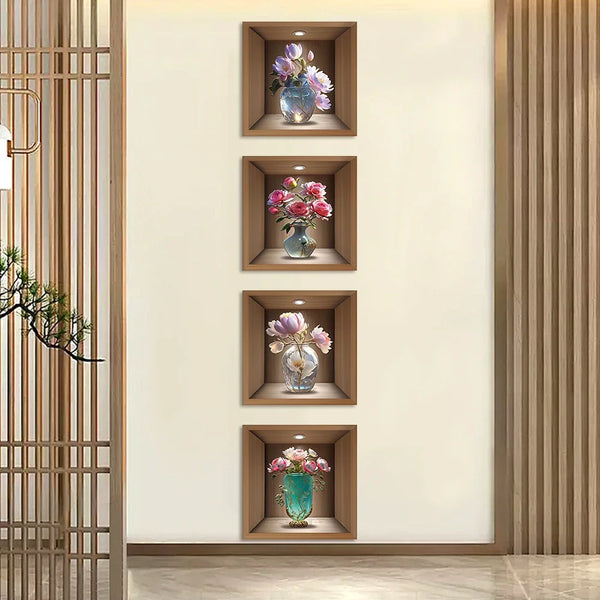 A vertical display featuring four framed niches holding floral arrangements on a light wall.
