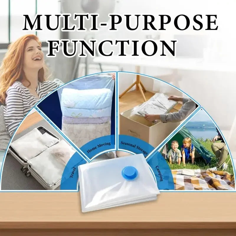 A white vacuum storage bag with a blue hand pump is shown next to various stored items like clothes and blankets.