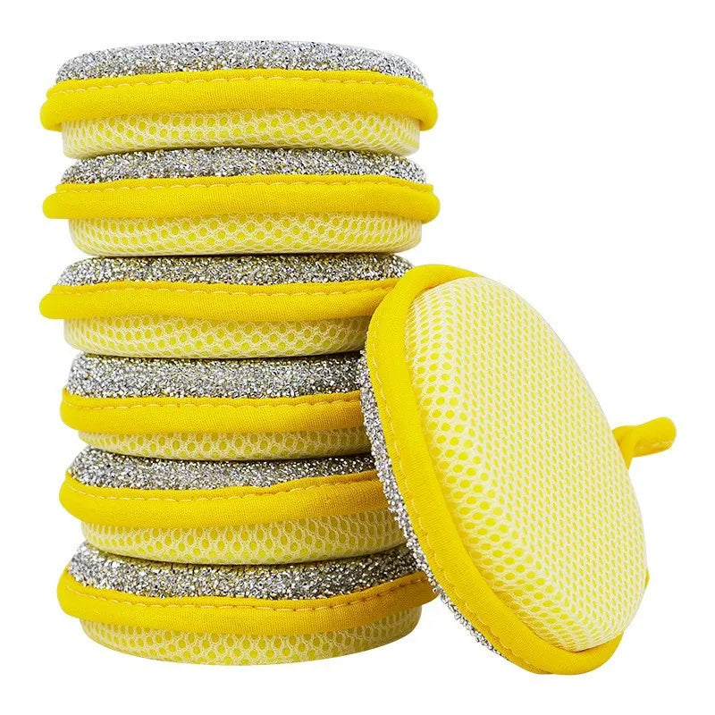 A stack of yellow and silver double-sided kitchen cleaning towels and dish sponges.