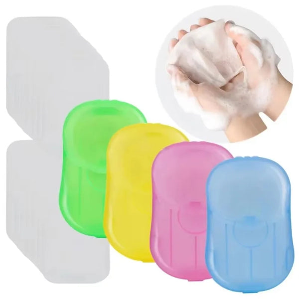 A collection of colorful travel portable soap flakes in various shades including green, yellow, pink, and blue, shown next to
