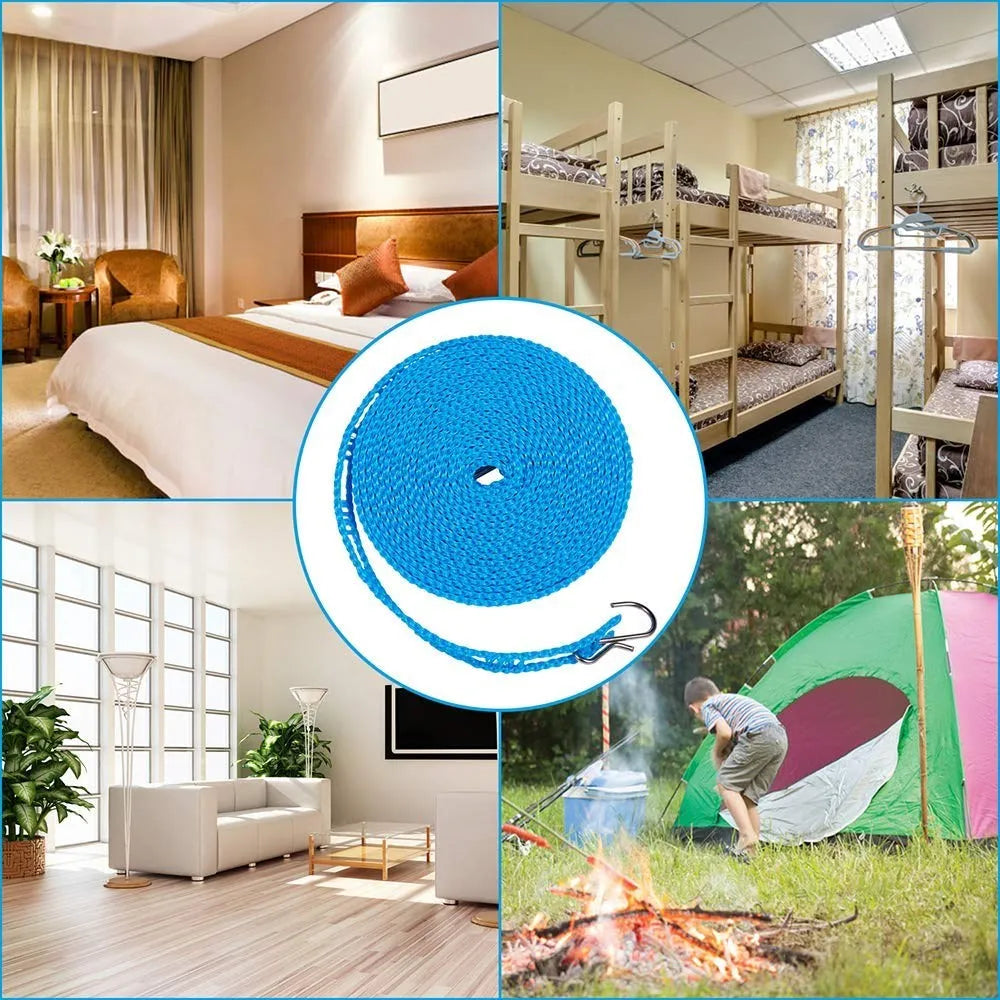 A collage showing a wooden bunk bed, a portable clothes drying line, and a campfire in a grassy outdoor setting.