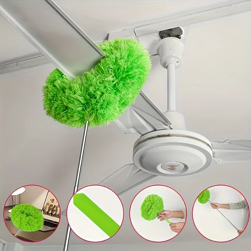 A long-handled microfiber duster is shown cleaning a green fuzzy ceiling fan, with close-ups of the tool and the fan.