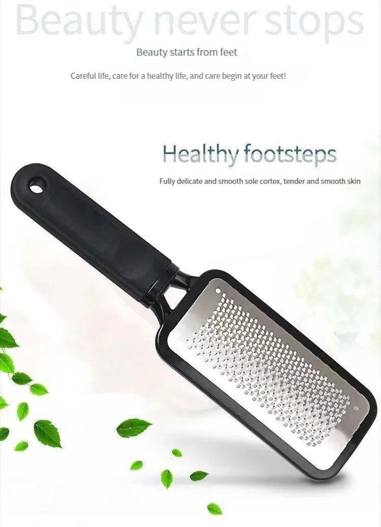 A black professional foot file and callus remover tool with a silver textured surface is shown against a white background.