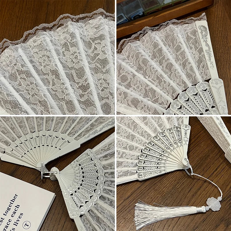White lace fabric folding hand fan shown in various angles and close-ups