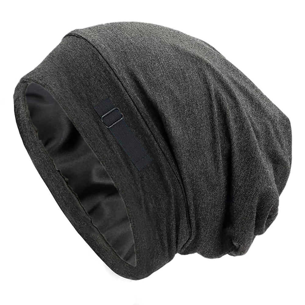 A dark gray adjustable silk-lined night cap for long hair and curls.