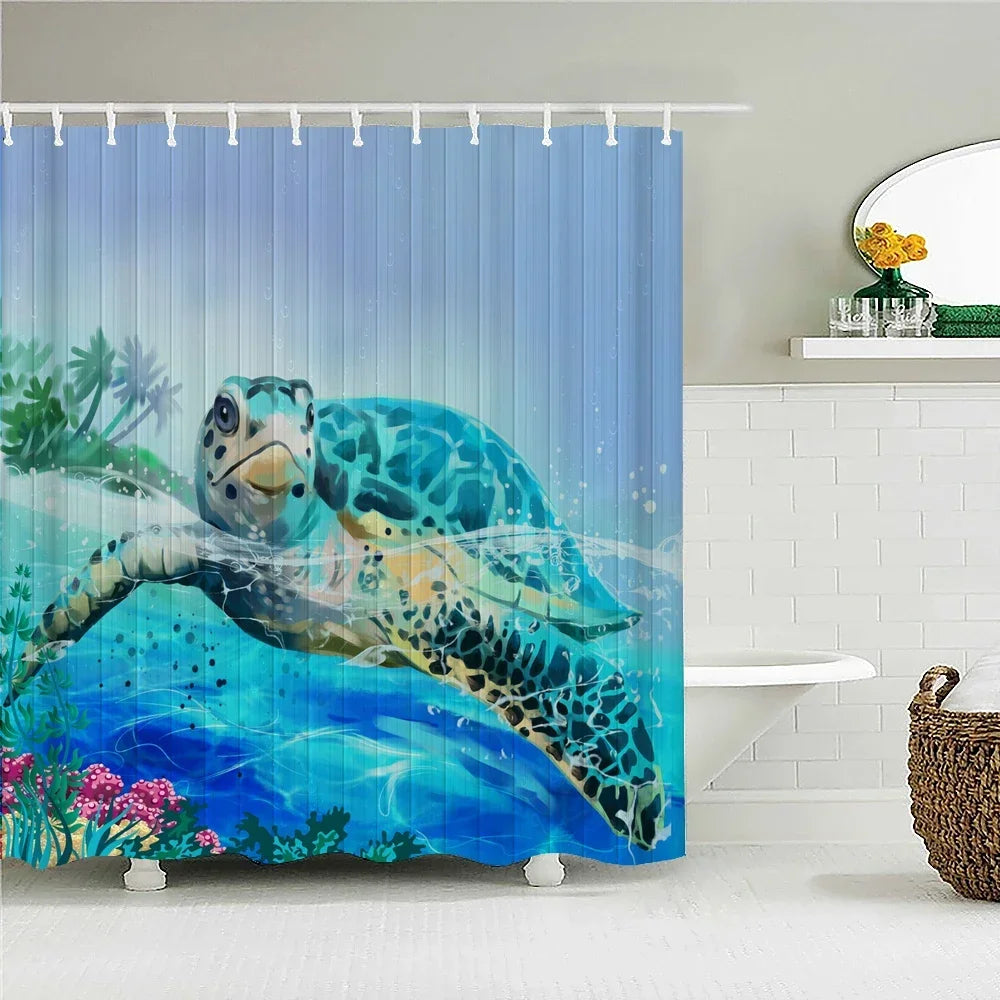 A vibrant illustration of a sea turtle swimming through blue water on a shower curtain.