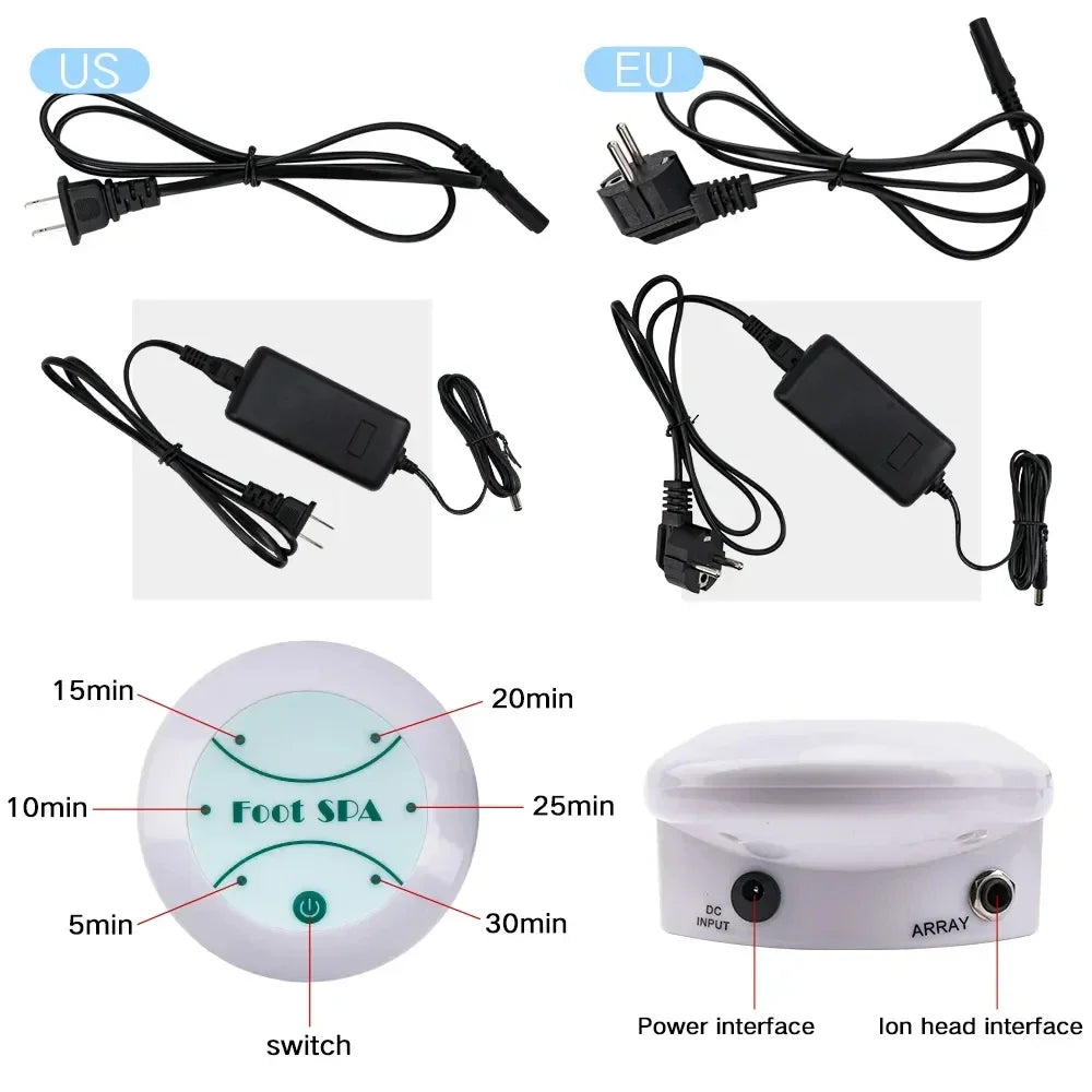 Various cables and a white foot spa device with power interface and ion head interface