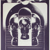 A monochrome print featuring three stylized human heads emerging from a radiant sun motif within an arched frame.