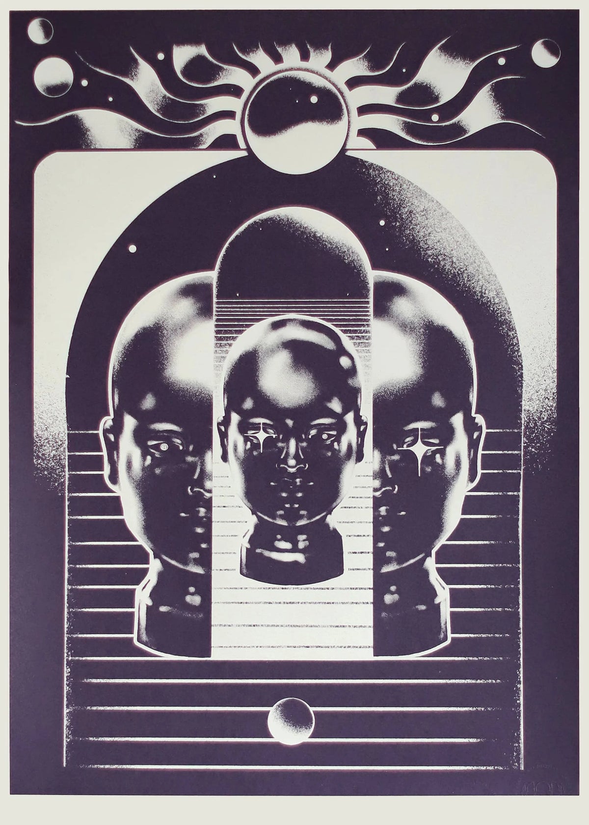 A monochrome print featuring three stylized human heads emerging from a radiant sun motif within an arched frame.